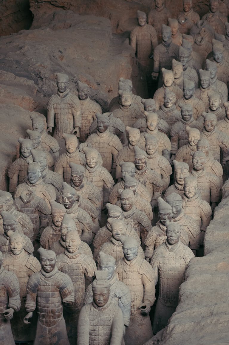 Close-up of Terracotta Warriors, Xi'an, showcasing ancient Chinese military art.