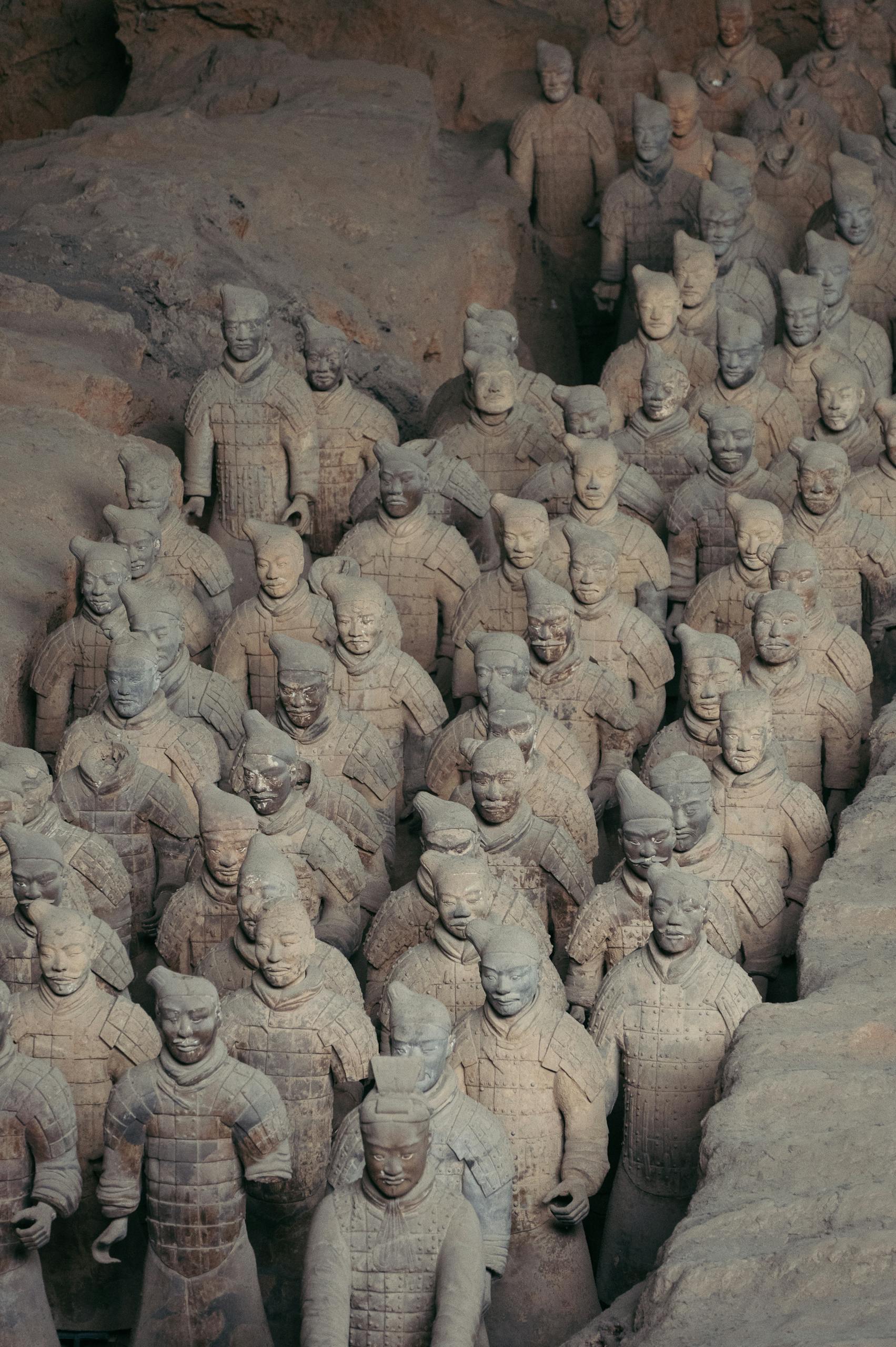 Close-up of Terracotta Warriors, Xi'an, showcasing ancient Chinese military art.